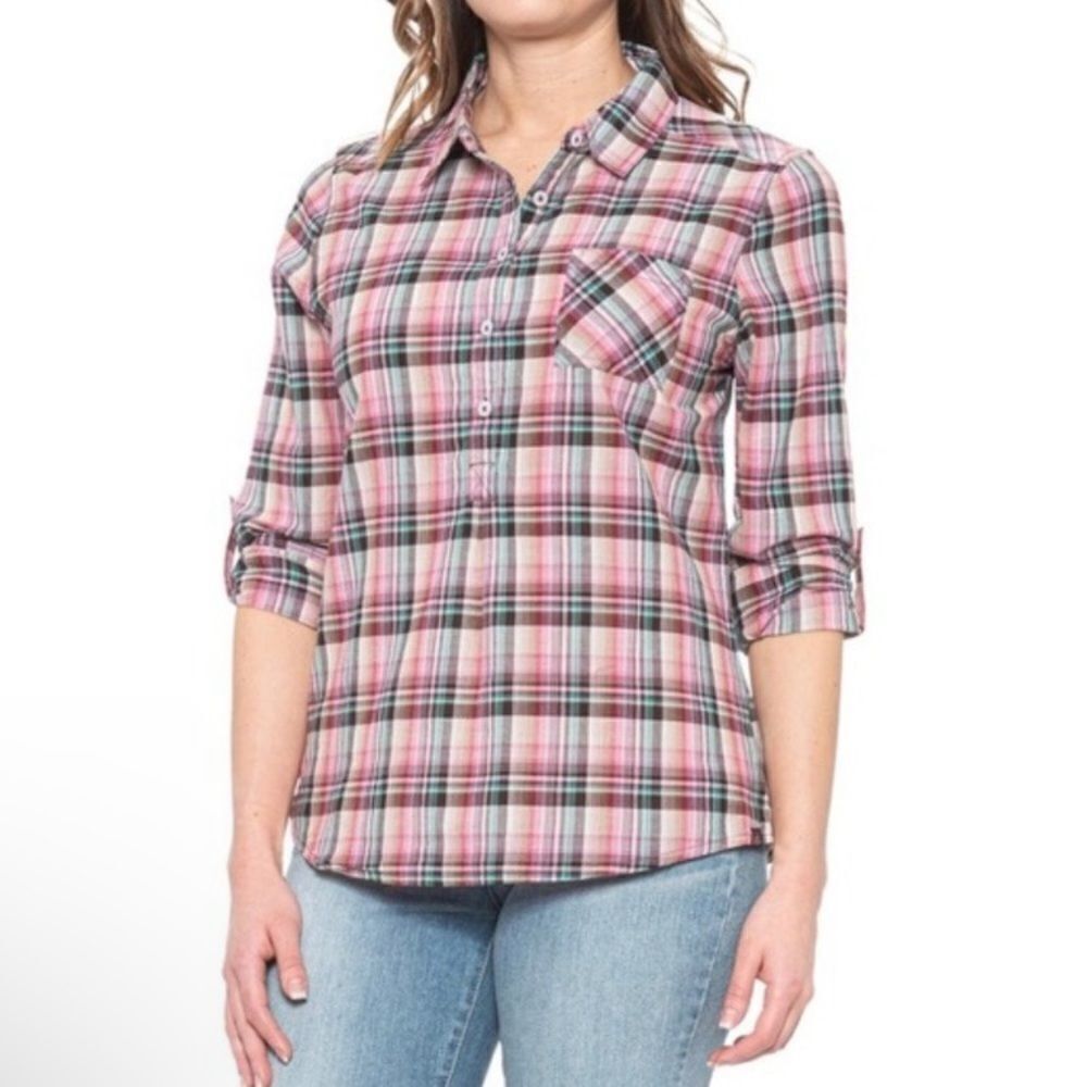 PRANA Gina Top Plaid Popover 1/2 Button Front Wild Orchid 100% Organic Cotton